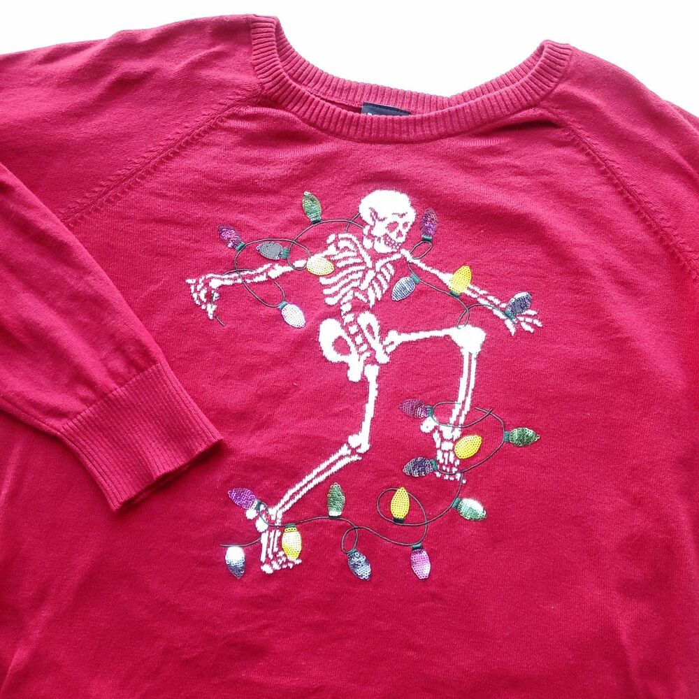 Torrid Christmas Sweater 1 1X 14/16 Dancing Skull Skeleton Red Pullover Crew